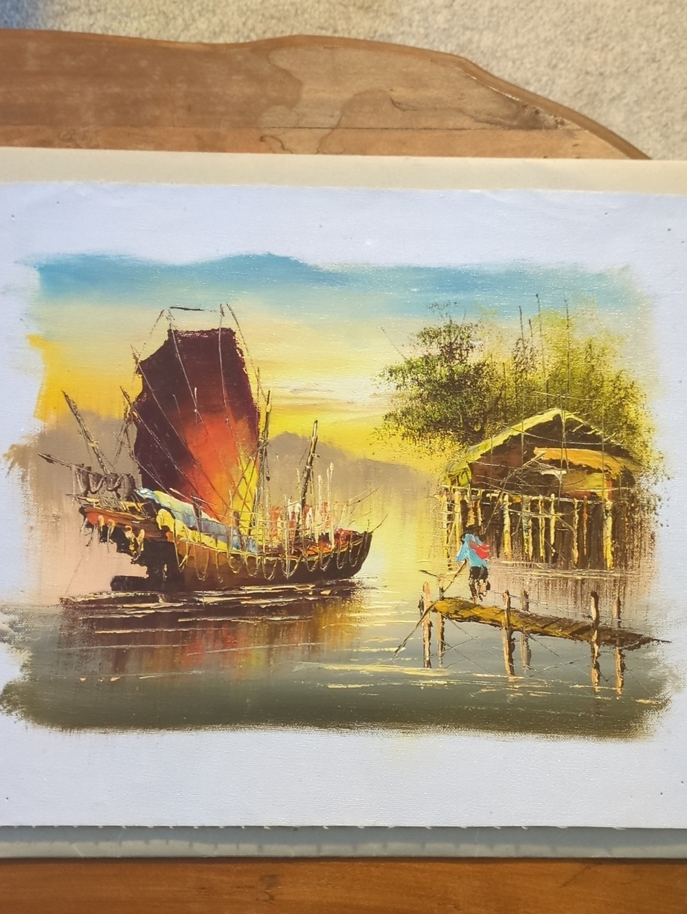 Vintage Oriental Junk Boat Oil Painting